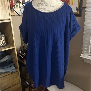 Blue Ribbed Short Sleeve Blouse - 3X